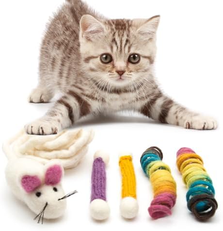 Glaciart One Indoor Catnip Cat Toy Pack - 5pc | Kitty Toys Include Wool Springs, Swabs & Mouse | for Activity, Exercise & Play | Filled w/Organic Catnip to Excite/Calm Pet | Great Gift Idea
