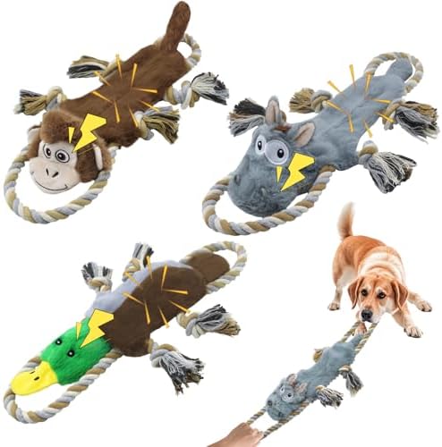 3 Pack No Stuffing Squeaky Dog Toys, Tug of War Dog Toy with Rope