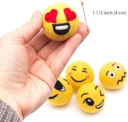 Glaciart One Wool Emoji Ball Cat Toy – 5 Pcs with Catnip - Soft Fuzzy Enrichment 100% Natural Felt Cat Toy - Interactive Play Set - Safe for Pets, Non-AZO Colored Dyes – 1.5”