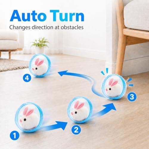 Self Rolling Interactive Cat Ball, Automatic Moving Cat Toy with Plush Animal Inside, 360° Rolling Cat Chasing Ball with Transparent Ball for Cats Dogs Small Pets (Blue,Rabbit)