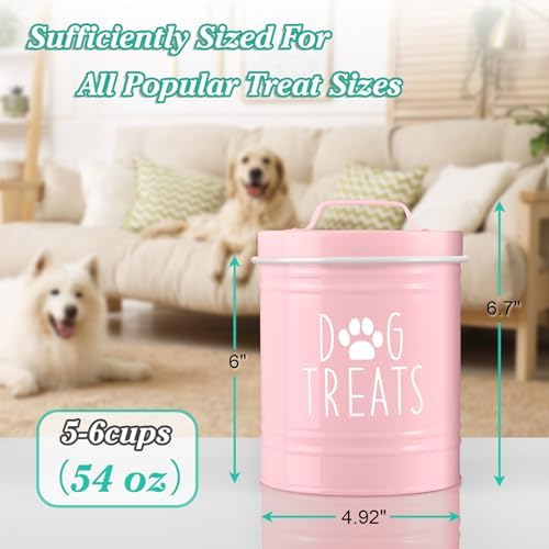 OUTNILI Pink Small Dog Treat Container Airtight - 6" Tall X 4.9" Round Pink Dog Treat Jar for Kitchen Counter - Rustic Treat Storage Canister for Dogs, Cats, Small Animals - Gifts for Pet Owners