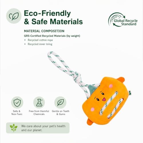 Green Sheep Interactive Plush Dog Toy, No Stuffing Squeaky Toy with Recycled Cotton Rope for Medium to Large Dogs, Chew Toy, Pumpkin