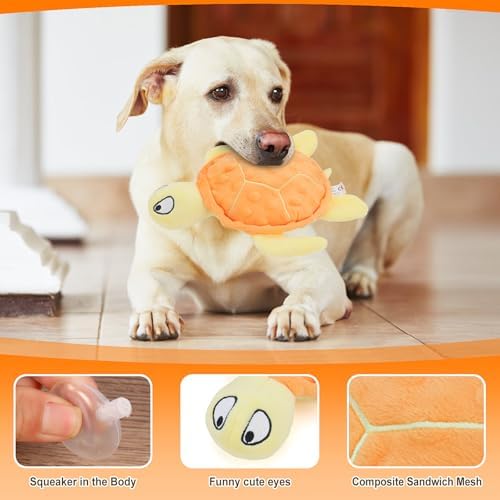 Squeaky Sea Turtle Plush Dog Toy - Durable, No Stuffing (Orange)