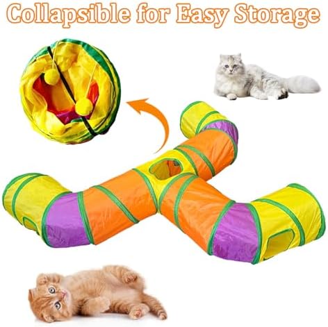 3-Way Cat Tunnels for Indoor Cats with Peek Hole, Large Foldable Rainbow Pet Tube Toy with Hanging Ball, Fun Interactive Toys for Kittens, Rabbits, Small Dogs