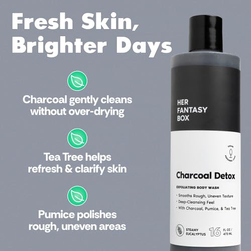 Her Fantasy Box | Charcoal Detox Exfoliating Body Wash – Activated Charcoal & Pumice Deep Cleanser with Tea Tree & Eucalyptus, Refreshing Exfoliation for Smoother Skin, Vegan & pH Balanced (8 oz)