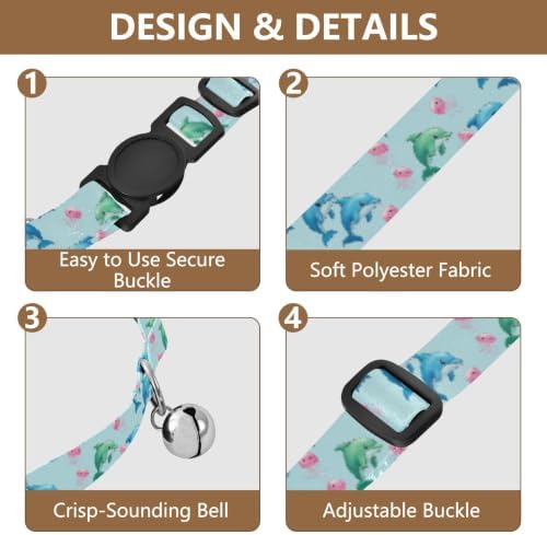 Cute Cartoon Dolphins Jellyfish Blue Cats Collar 2 Pack for Puppy Adjustable 10.6 to 17.1 Inches