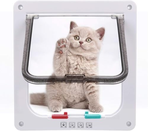Sailnovo Cat Door for Interior/Exterior Door(Outer Size 7.48" x 7.87"), 4-Way Locking Cat Door Flap,Quiet, ABS Material, Weatherproof Pet Door for Cat/Doggie (Circumference<15.75", Weight<16 lb) White