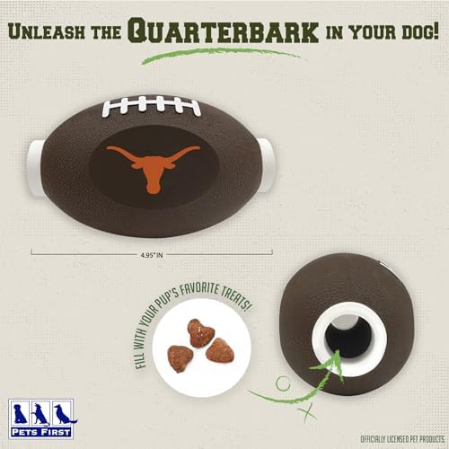 Pets First NCAA Texas Longhorns Football Treat Dispensing Toy for Dogs and Cats, Rubber Ball Pet Toy, Interactive Fun Doggie Treat Toy, Natural Rubber Feeding Toy (TX-3622)