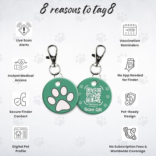 tag8 QR Code ID Tag for Dogs & Cats, Real-Time Scan Alerts, Online Pet Info Access, No Subscription or Fees, Durable Pet Tag for Collars - Green