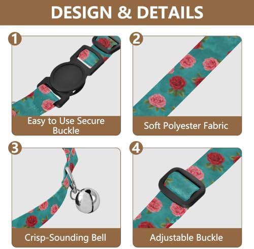 2 Pack Puppy Collar Roses Green Leaf Teal Kitten Collar with Bell, Adjustable Length 10.6" to 17.1"