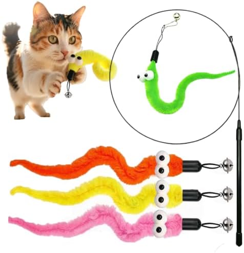 Cat Wand Toy with Fuzzy Worm Attachments, 1+3 Pack