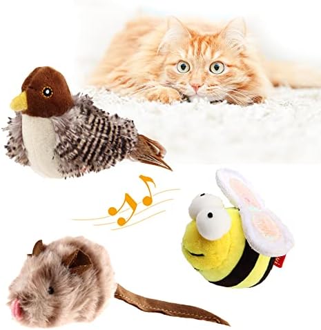Gigwi Interactive Cat Set - Squeaky Feather Toys for Indoor Cats, 3PCS Plush Pack Including Mouse Hunt, Chase Bird, and Chirping Bee