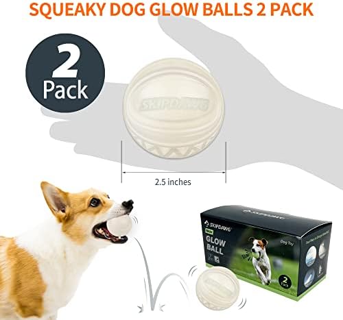 SKIPDAWG Interactive Dog Glow Balls, Rubber Balls Light Up in the Dark, Dog Toys Squeaky Ball Durable TPR Light Weight, Bouncy Glowing Ball Size 2.5 Inches, 2 Pack