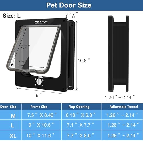 CEESC Large Cat Door for Interior/Exterior, for Pets <23.62", Black | Rotary 4-Way Lock, Weatherproof, Fits doors 1.26-2.14", Adjustable tunnel depth, Upgraded version