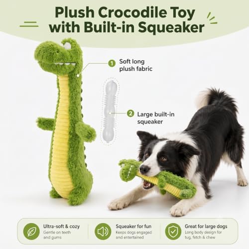 Squeaky Dog Plush Chew Toy, Interactive Tug Squeaky Toy for Chewers, Medium & Large Dogs & Fetch Play, 18.5 In Stuffed Long-Neck Crocodile Toy with Soft Plush Body for Gentle Gum Care & Boredom Relief