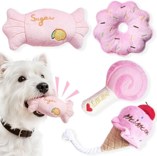 Small Dog Toys, Cute Pink Plush Dog Toy Set, Dog Squeaky Toys, Durable Dog Stuffed Toys & Dog Chew Toys for Puppies and Small Dogs