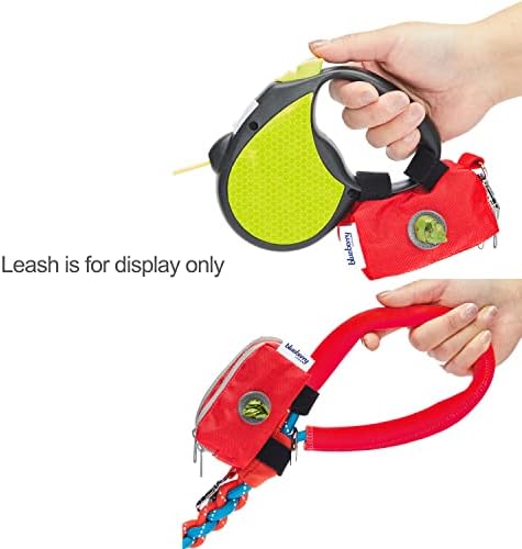 Blueberry Style Red Dog Waste Bag Dispenser, Solid Color Trash Bag Dispenser with 2 Auto Locking Zipper, Dog Poop Bag Holder Leash Attachment, Includes 1 Roll of Free Poop Bags