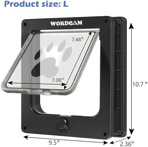 Wordcam Cat Door for Interior/Exterior Door, Sturdy ABS Frame, Large, Black