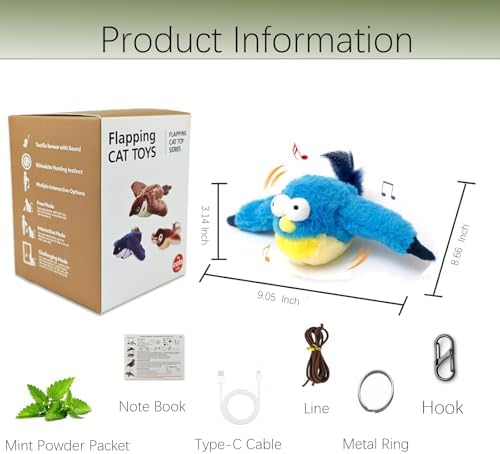 Interactive Chirping Bird Cat Toys with Flapping Wings,New Flying Birds Cats Toy, Flying Simulation Electric Sparrow Shaking Hunting Pet Toy for Indoor (Blue)