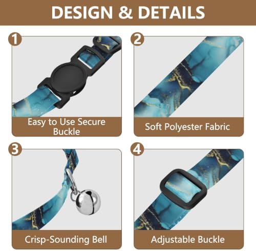 Turquoise Watercolor Marble Cat Collar with Bell 2 Pack Pet Collars Adjustable Length 10.6" to 17.1"