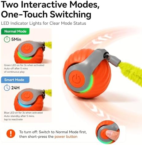 Interactive Rolling Cat Ball Toy, Automatic Moving Cat Toy with Detachable Plush Tail, Dual Speed & Dual Mode Rechargeable Indoor Kitten Exercise Toy（1.97In,0.09lb,Orange）
