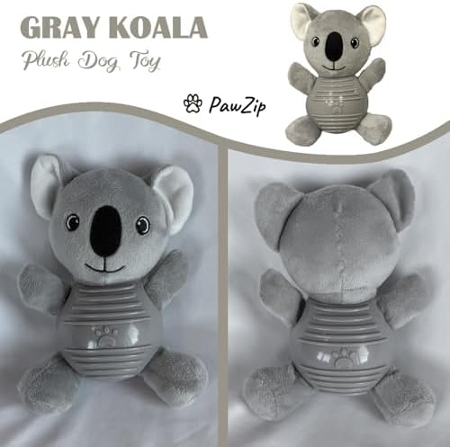 Gray Koala Plush Chew Toy for Dogs, Soft Plush Dog Toy with Durable Ball for Small, Medium, Large Dogs.