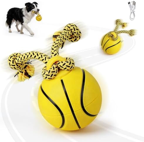 Pet Prime Interactive Dog Ball Toy with Rope,Rechargeable Automatic Rolling Ball with Motion Activated,3 Play Modes for Medium/Large Dogs, Self-Moving Toy to Keep Pets Busy and Entertained Yellow