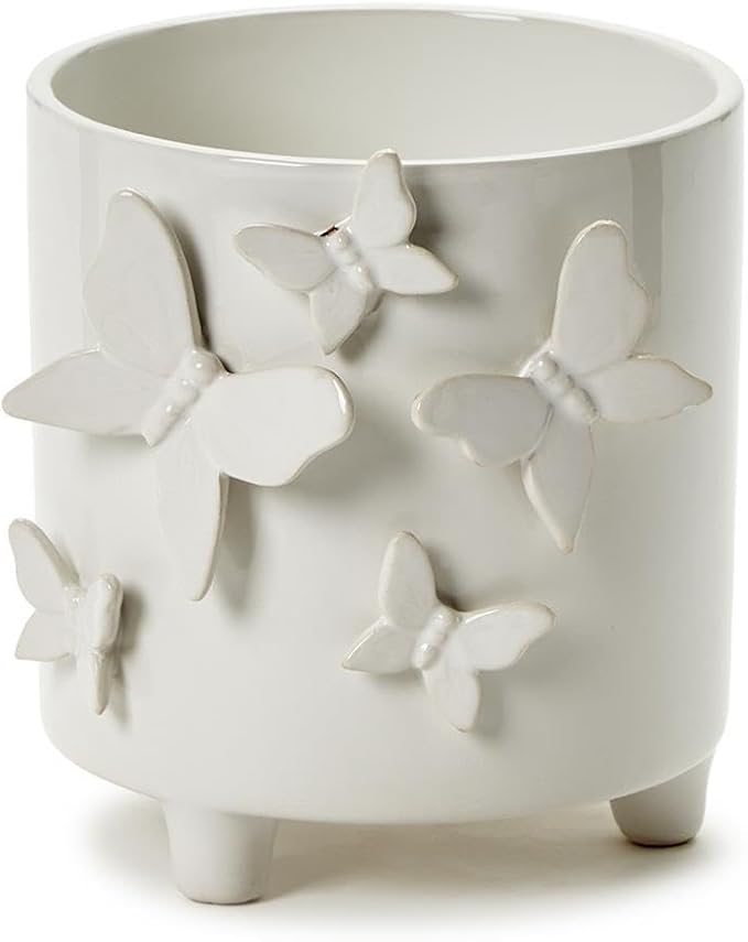 Two's Company Butterfly Footed Cachepot Vase, 5.75-Inch, Ceramic, White