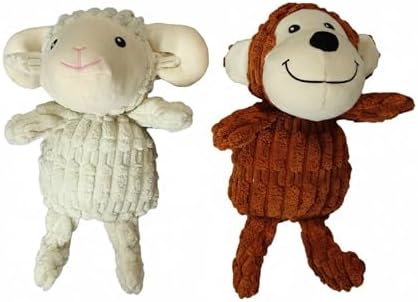 PetLike Squeaky Plush Dog Toys Durable Play, Funny Cute Dog Super Soft Stuffed Plush Toy Dog Chew Toys for Small Medium Dogs (2PACK, Brown Monkey+White Sheep)