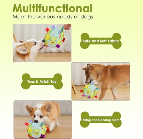 Letalong Dog Squeaky Plush Toy with Straps, 6-Inch Soft Stuffed Ball with Cotton Material and Bell Built-in, Pet Interactive Fetch Toy for Small to Large Dog