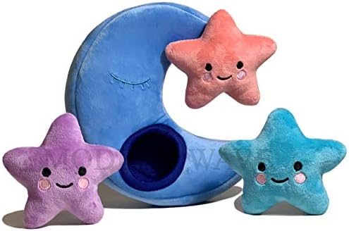 MODERN WAVE - Interactive Squeaky Plush Hide and Seek Squirrel Type Puzzle Toy for Dogs, Small Size (Moon and Stars)