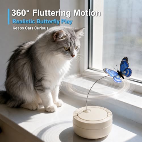 Interactive Butterfly Cat Toy for Indoor Cats, 360° Rotating Wand, Beige