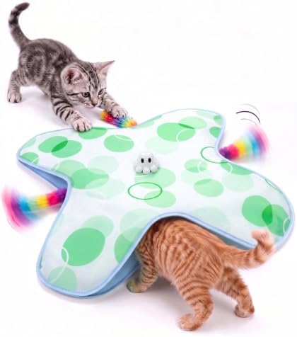 PetsBusy Automatic Hide &Seek Interactive Cat Toys for Indoor Cats,[Week-Long Big Battery] Rechargeable Smart Touch-Activated Kitten Toy with Moving Rainbow Tail for Bored Adult Cats,