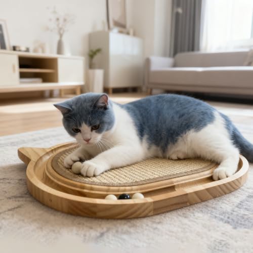 Sisal Cat Scratcher Toy with Ball Track,Wooden Interactive Cat Toy,Cats Scratch Pad for Indoor Cat, Physical Exercise for Kitty and Medium Cat