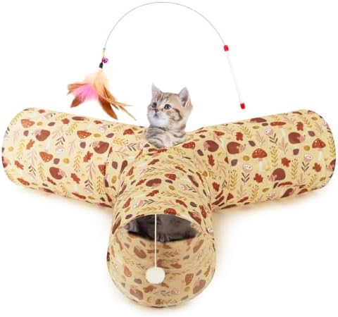 Tempcore Cat Tunnel, 3-Way Collapsible Toy, Large Size Khaki Hedgehog