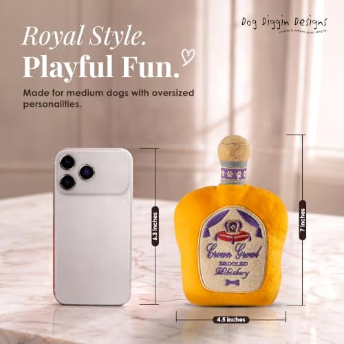 Dog Diggin Designs Crown Growl Plush Dog Toy Whisky Bottle | Luxury-Inspired Parody Whisky Bottle Dog Toy with Squeaker, Soft Plush Novelty Dog Toy – Shaken, Not Stirred!