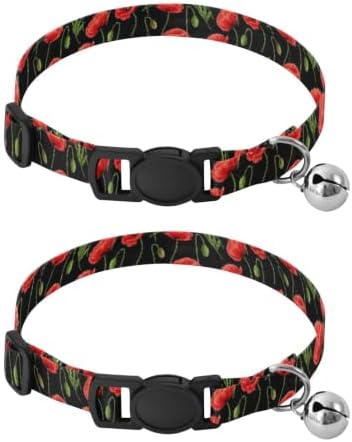 Red Poppy Flowers Black Cat Bell Collar 2 Pack Cat Collar Adjustable Length 10.6" to 17.1"