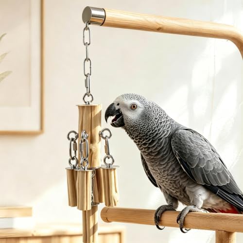 AOTU Medium Large Parrot Chew Toy, 304 Stainless Steel Natural Hardwood Bird Toys, Safe Durable Hanging Interactive Enrichment Toy for Macaw, Cockatoo, African Grey, Amazon Parrots