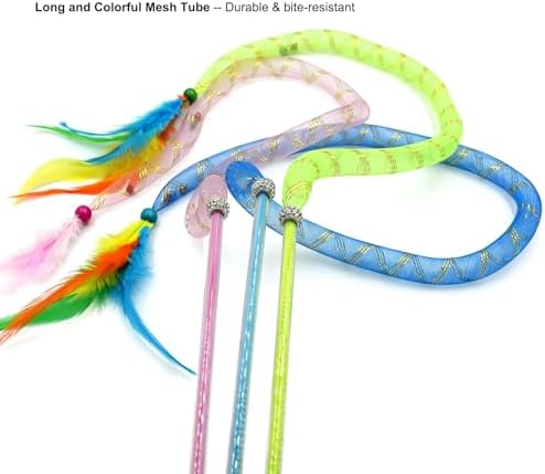 IUHKBH Cat Wands, 3 PCS Soft Line Tube Teaser Wands Colorful Feather Wands with Bell Interactive Cat Toys