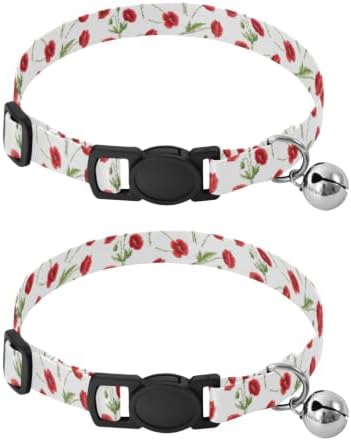 Poppy Flowers Green Leaf White Kitten Collar 2 Pack Adjustable Pet Collar Adjustable 10.6 to 17.1 Inches