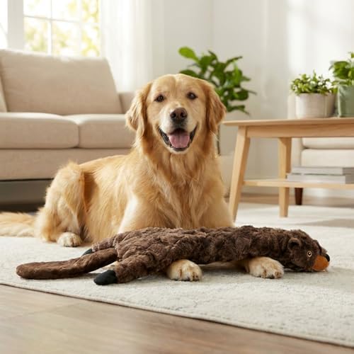 24” Stuffing-Free Dog Toy – Plush Beaver with 2 Squeakers & Crinkle Paper, Flat Body Quilted Design for Interactive Play, Medium & Large Dogs