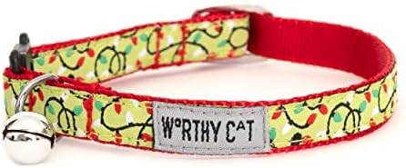THE WORTHY DOG Christmas Patterns, Breakaway Cat Collar with Bell, Green