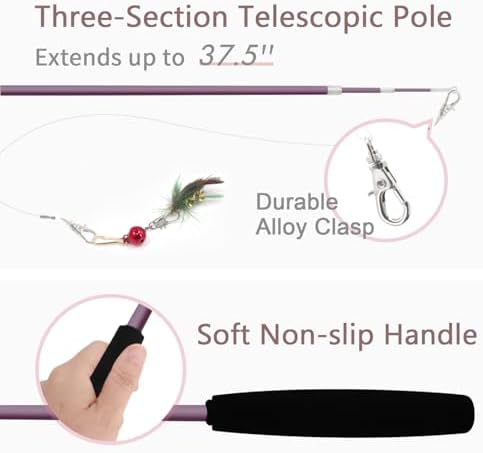 SONGWAY Cat Teaser Wand Toy - 10 Pieces Insect Cat Feather Toy Set with Retractable Wand and Feather Refills with Bell, Interactive Toys for Indoor Cats