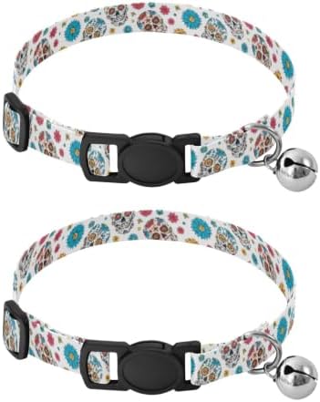2 Pack Dog Collar Colorful Skulls Floral Flowers White Cat Collar with Bell, Adjustable 10.6 to 17.1 Inches