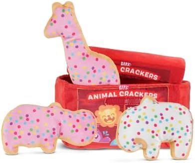 BarkBox Animal Squeakers 4-in-1 Interactive Plush Dog Toy | Squeaky Dog Toys with Crinkle Box and Treat-Hiding - For Extra Small to Small Dogs and Puppies