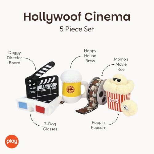 P.L.A.Y. Cute Plush Dog Toys - Hollywoof Cinema, Movie Themed Durable Squeaker Chew Toys, Great for Puppies & Small, Medium, Large Dog Breeds - Machine Washable, Recycled Materials (5 Piece Set)