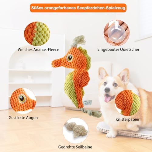 Cute Marine Animal Dog Squeaker Chew Toys, Orange Seahorse