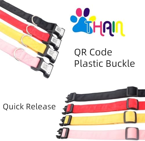 THAIN Smart QR Code Dog Collar-Nylon & Velvet Pet Collar with Unique ID Registration, Adjustable Plastic Buckle for Medium Dogs–Black, Red, Pink, Yellow (Red, M)