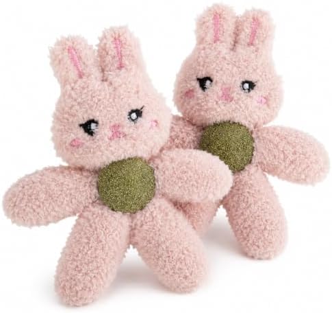 Cat Toys with Catnip Kitten Chew Bite Supplies Boredom Relief Fluffy Kitty Teeth Cleaning Chewing Cat Lovers Interactive Plush Gift (Rabbit&Rabbit)