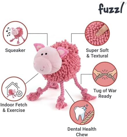 Fuzzl Farmyard Friends Dog Toy – Large Pink Pig – Soft Noodle Fabric Plush with Durable Rope Legs – Interactive Tug, Chew & Comfort Toy for Dogs